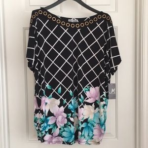 JM Collection Women’s Top XL Black White Squares Floral Short Sleeves NWOT